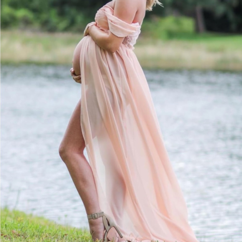 Peach Pink Off Shoulder Chiffon Maternity Gown Dress S Small - Picture 7 of 10